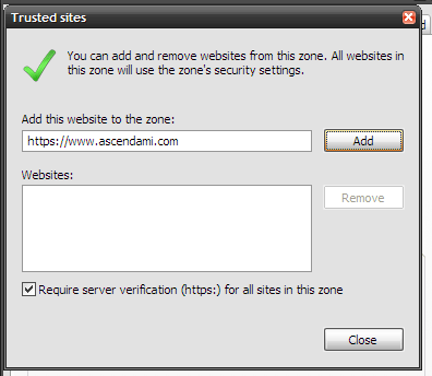 Trusted sites window Screenshot